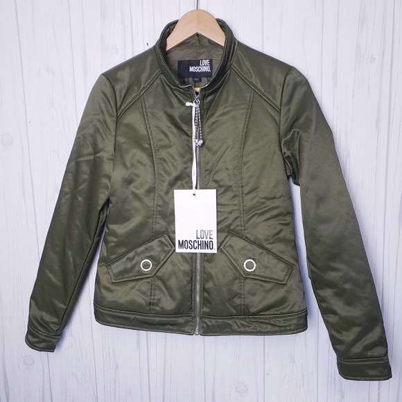 NWT Love Moschino EU 40 Satin Look Padded Jacket Pockets Full Zip In Olive Green - Picture 7 of 11
